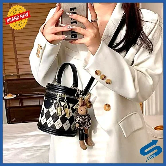 Quilted Faux Leather Satchel Crossbody Bag with Bunny Pendant - Picture 2 of 7